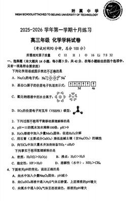 2025北京工大附中高三10月月考化学-答案