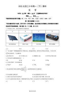 2025北京二十中高一（下）期中化学（教师版）-答案