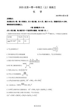 2025北京一零一中高三（上）统练三化学（教师版）-答案