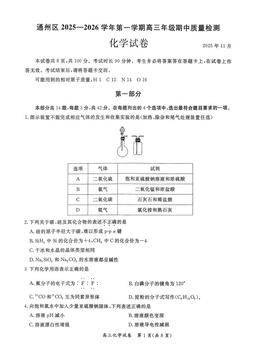 2025北京通州高三（上）期中化学-答案