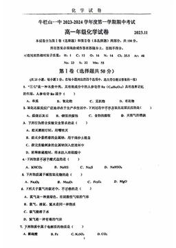 2023北京牛栏山一中高一（上）期中化学-试题