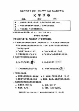 2025北京北师大附中高三（上）期中化学-试题