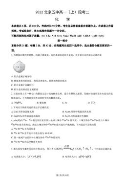 2022北京五中高一（上）段考二化学（教师版）-答案