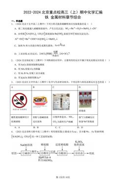 2022-2024北京重点校高三（上）期中化学汇编：铁 金属材料章节综合-答案