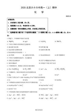2025北京六十六中高一（上）期中化学（教师版）-答案