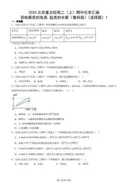 2024北京重点校高二（上）期中化学汇编：弱电解质的电离 盐类的水解（鲁科版）（选择题）1-答案