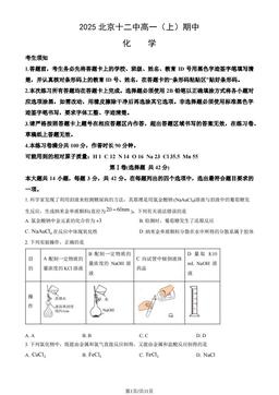 2025北京十二中高一（上）期中化学（教师版）-答案
