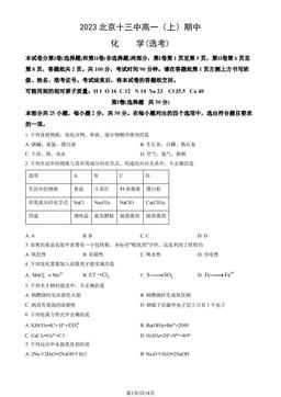2023北京十三中高一（上）期中化学（选考）（教师版）-答案