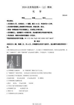 2024北京海淀高一（上）期末化学（教师版）