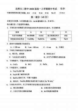 2025北京北师大二附中高一（上）期中化学-试题
