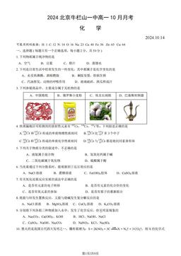 2024北京牛栏山一中高一10月月考化学（教师版）-答案