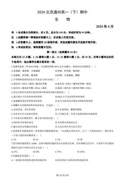 2024北京通州高一（下）期中生物（教师版）-答案