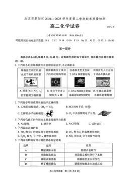 2025北京朝阳高二（下）期末化学-答案