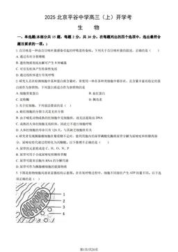2025北京平谷中学高三（上）开学考生物（教师版）-答案