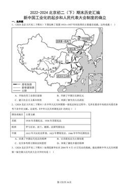 2022-2024北京初二（下）期末历史汇编：新中国工业化的起步和人民代表大会制度的确立-答案