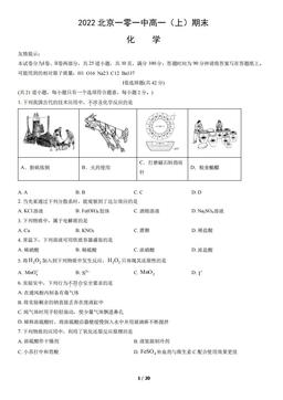 2022北京一零一中高一（上）期末化学（教师版）-答案