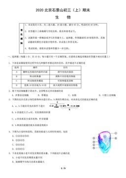 2020北京石景山初三（上）期末生物-试题