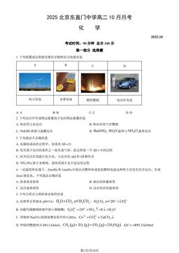 2025北京东直门中学高二10月月考化学（教师版）-答案