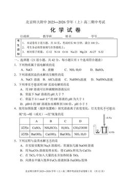 2025北京北师大附中高二（上）期中化学-答案